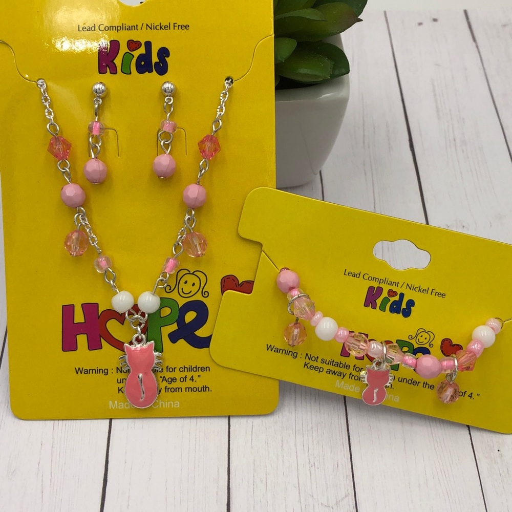 🌼 Girls Pink Cat Bracelet Necklace Set